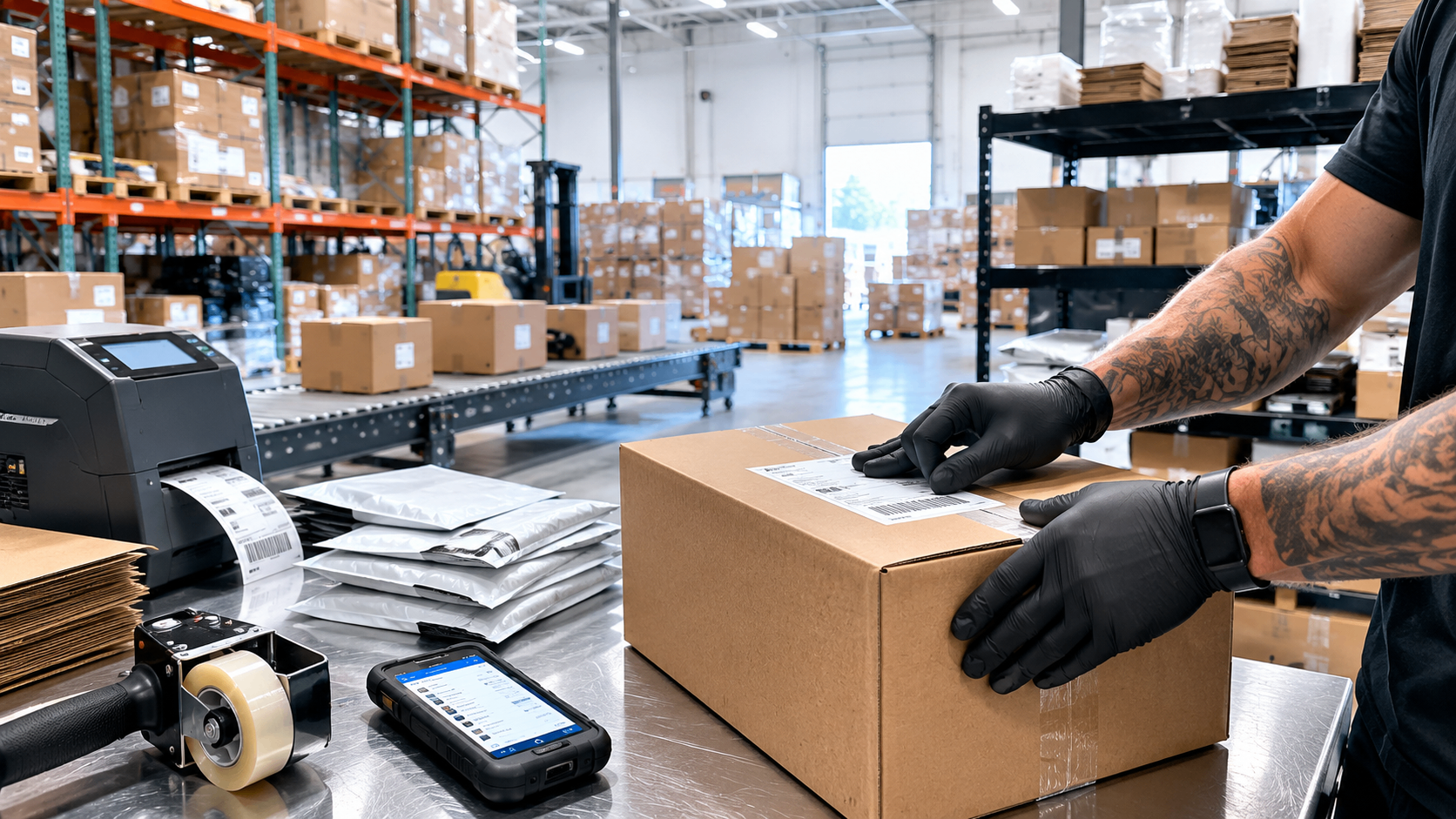 BHG Labs warehouse associate applying a shipping label to a prepared box in the San Diego facility